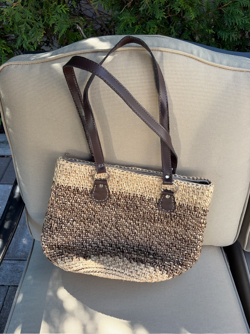 Woven Straw Tote Bag with Brown Leather Straps